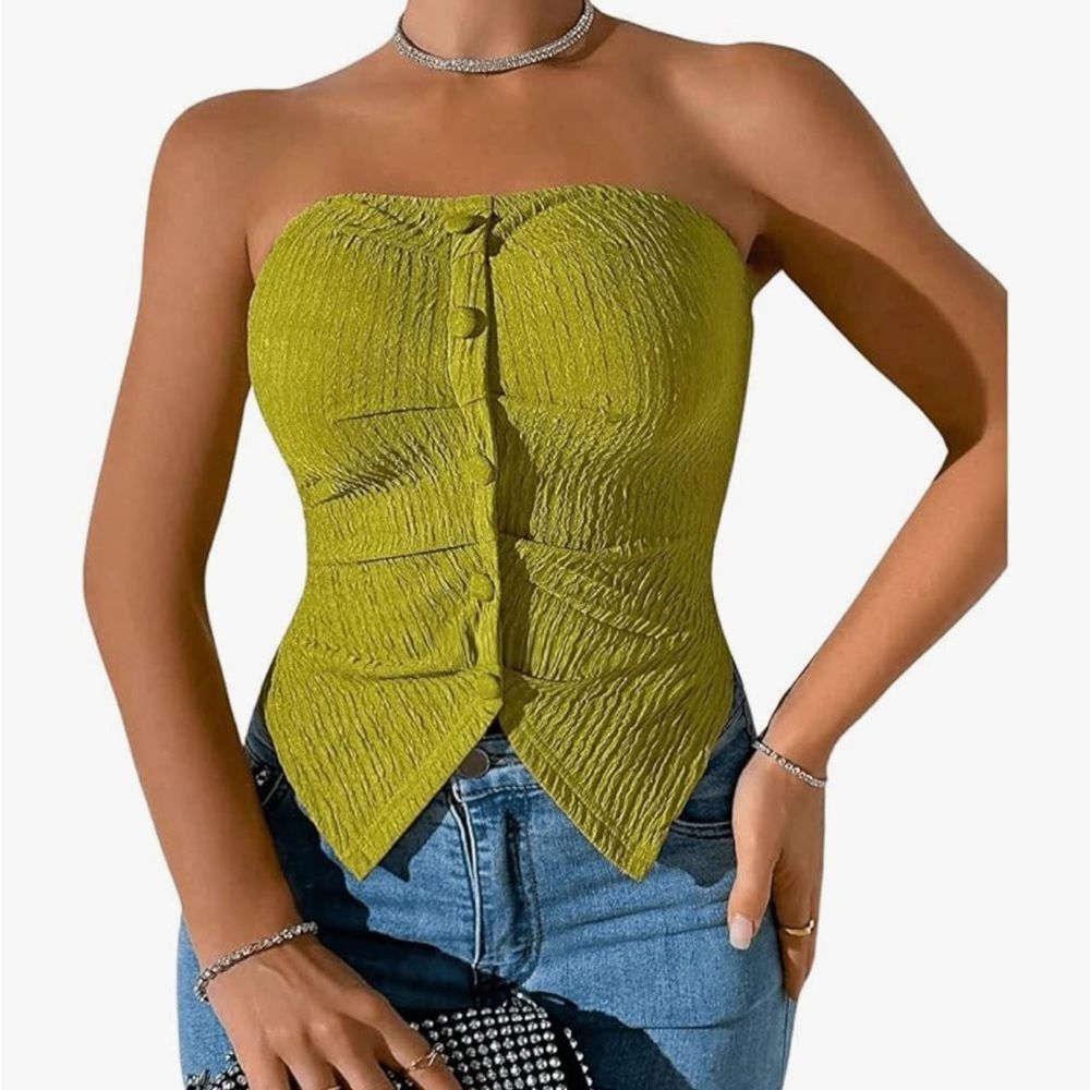 SZ Med Strapless Button Front Tube Top Split Hem Going Out Bandeau Tops